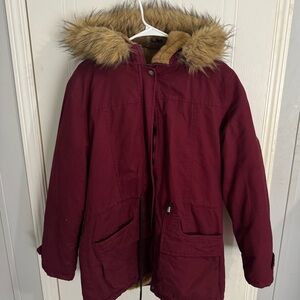 Burgundy Parka with Faux Fur Hood